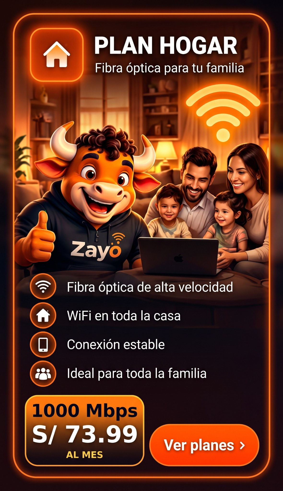 Plan Hogar Zayo: familia disfrutando internet de fibra óptica, 1000 Mbps por S/ 73.99 al mes.