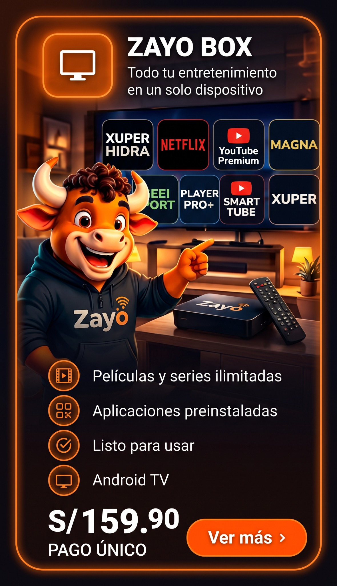 Banner oficial Zayo Box: dispositivo Android TV, control remoto y aplicaciones compatibles.