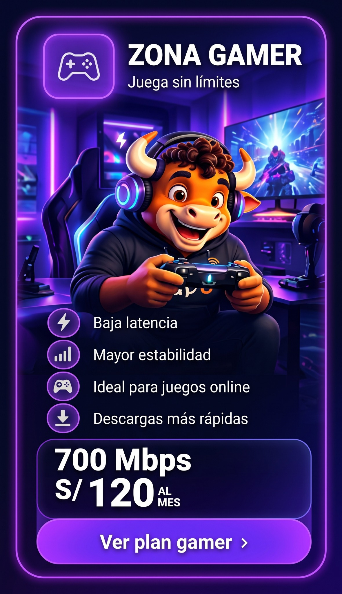 Zona Gamer Zayo: torito gamer en ambiente de luces violetas y azules, 700 Mbps por S/ 120 al mes.