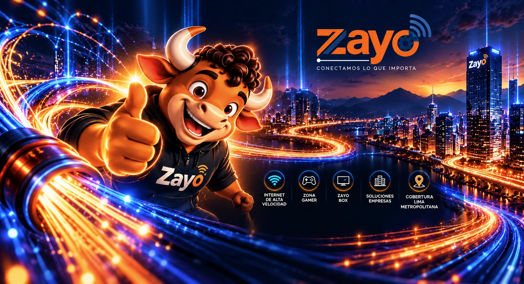 Banner aprobado de Zayo con torito y ciudad conectada por fibra óptica